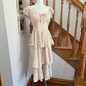 Cream Satin Floral Texutred Smocked Tiered Midi Dress